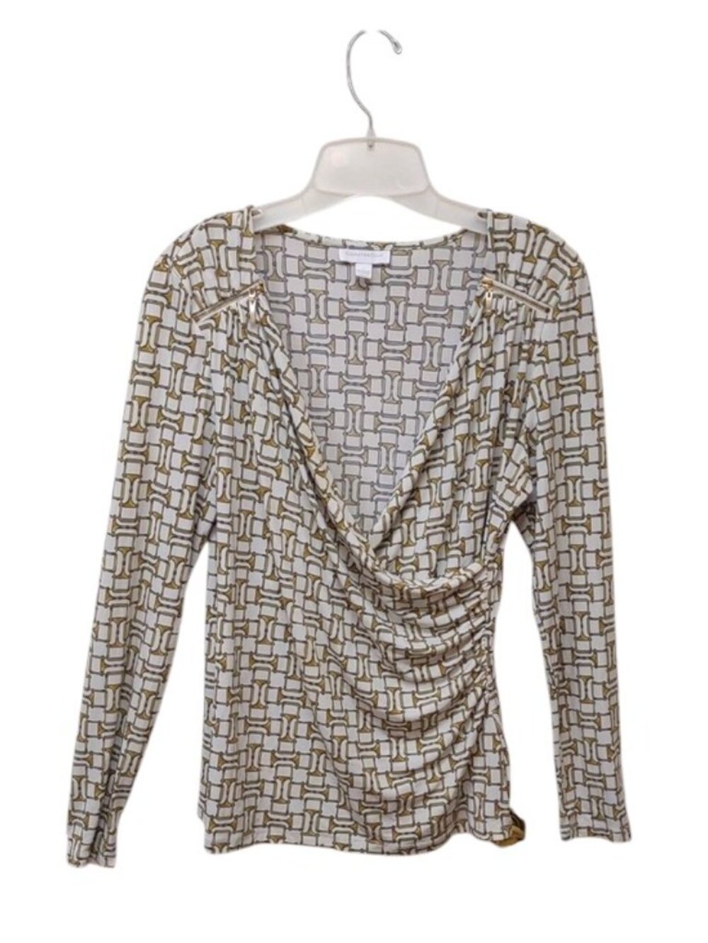 Charter Club LS Gold Black White Geometric Print Draped Zipper Shoulder Accents